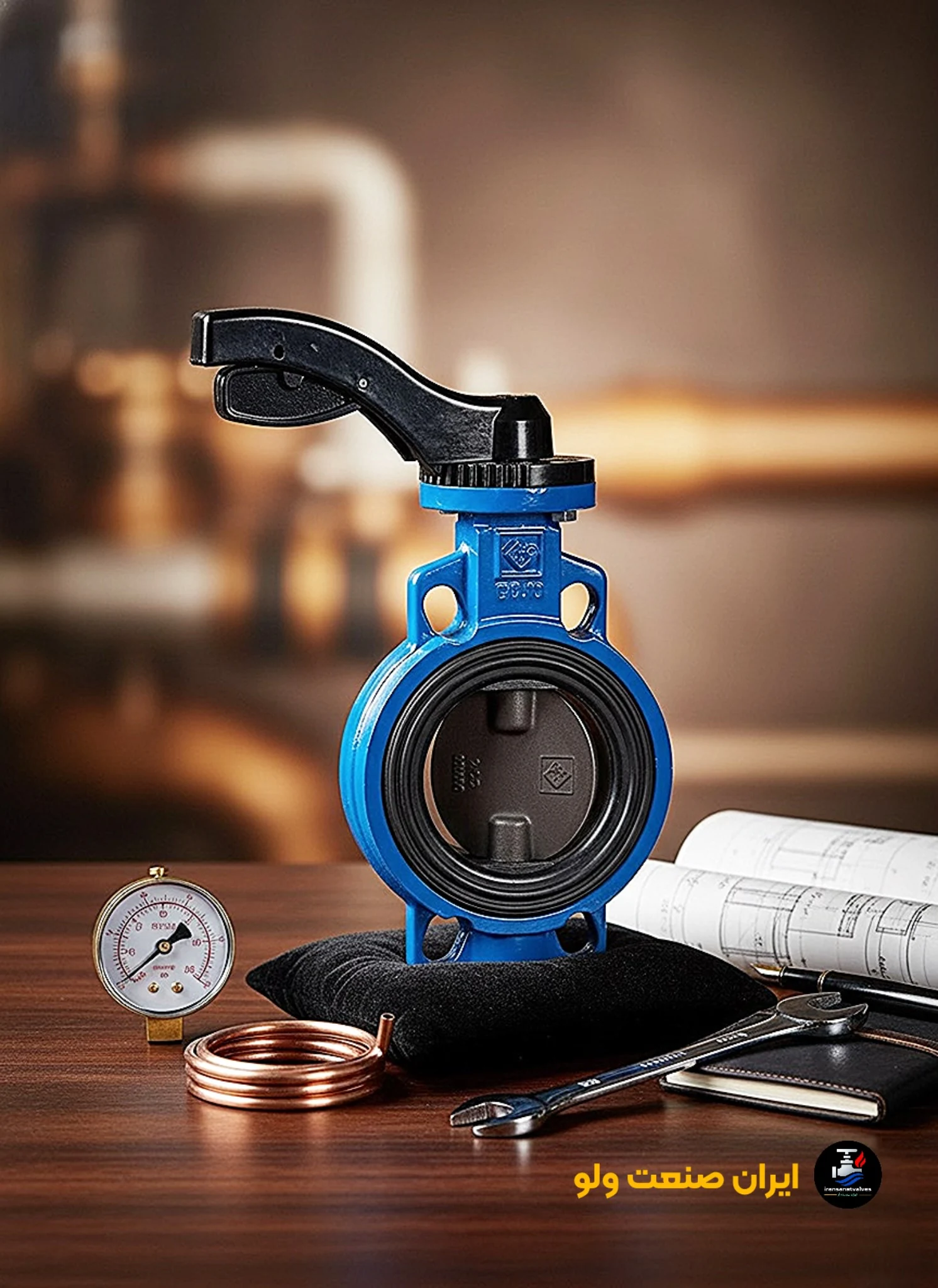 شیر پروانه‌ای اهرمی ۸ اینچ - نمای کامل با فلنج ۳۰۰ میلیمتری